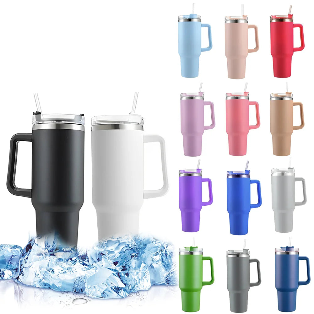 Tamluz 40oz 304 Stainless Steel Insulated Water Bottle, Thermal Coffee Car Cup, Vacuum Flask with Handle & Straw for Sports